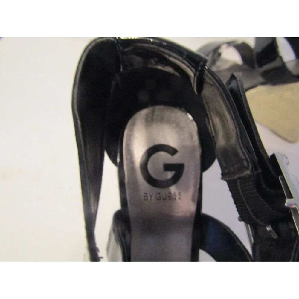 G by GUESS Black Patent Espadrille Wedge Sandals Ankle Strap Sz 8M